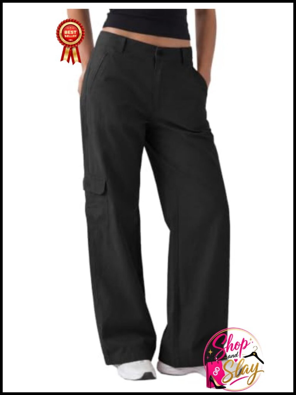 High Waist Washed Cotton Cargo Pants Wide Leg Work Pants